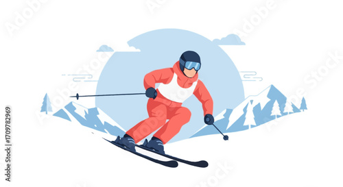 Flat vector illustration of faceless skier going downhill on snowy mountain