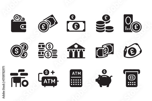 Money and finance icons including wallet coins banknotes bank A T M and piggy bank