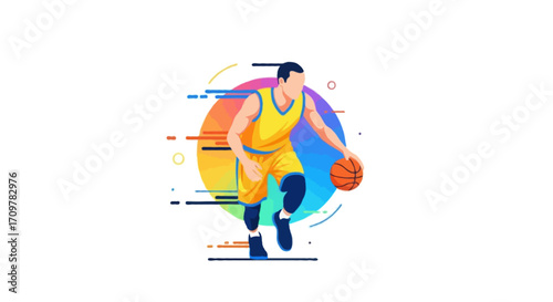 Flat vector illustration of a faceless basketball athlete dribbling the ball