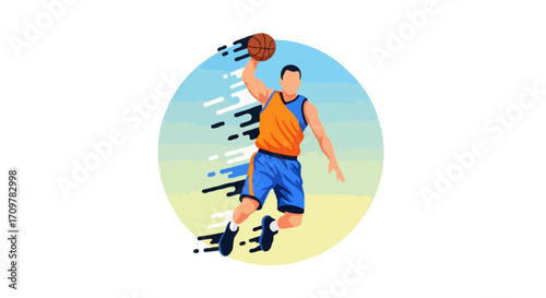 Flat vector illustration of a faceless basketball player performing a slam dunk