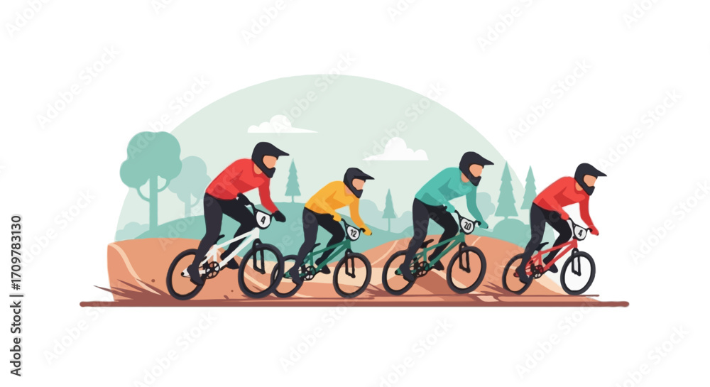 Fototapeta premium Flat vector illustration of faceless BMX racers competing on a dirt track