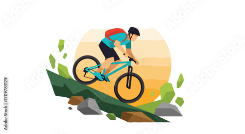 Flat vector illustration of a faceless cyclist on a mountain bike riding downhill
