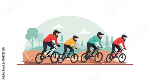 Flat vector illustration of faceless BMX racers competing on a dirt track
