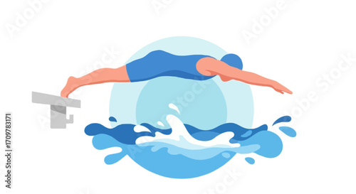 Flat vector illustration of a faceless swimmer diving into the pool from the starting block