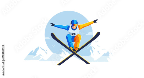 Flat vector illustration of a faceless ski athlete performing a high jump in the air