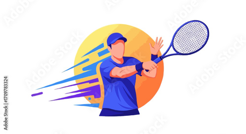 Flat vector illustration of a faceless tennis player hitting a forehand shot