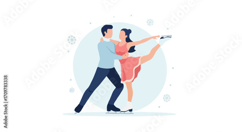 Flat vector illustration of faceless ice skating couple performing a dance move