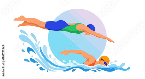 Flat vector illustration of multiple faceless swimmers in a relay race