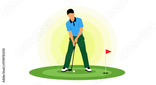 Flat vector illustration of a faceless golfer putting on the green