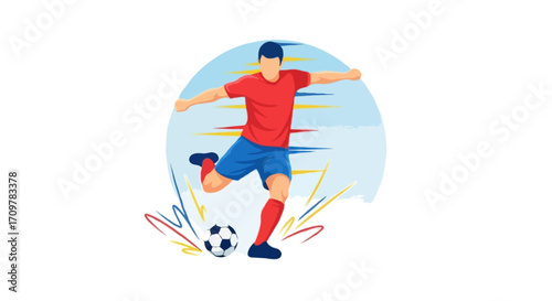 Flat vector illustration of a faceless soccer player kicking the ball with power
