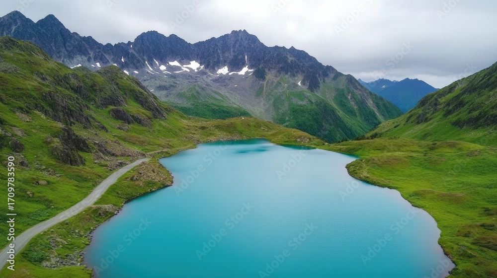 Fototapeta premium Breathtaking aerial view of a pristine turquoise lake nestled amidst the rugged peaks and green valleys of the Austrian Alps, showcasing the beauty of nature