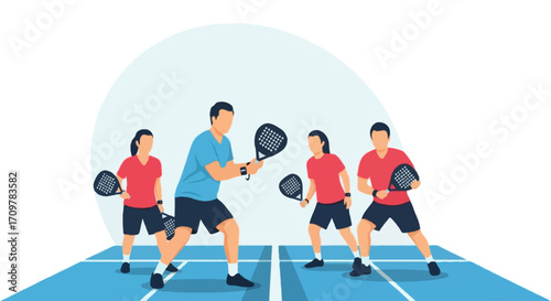 Flat vector illustration of faceless padel players competing on a court