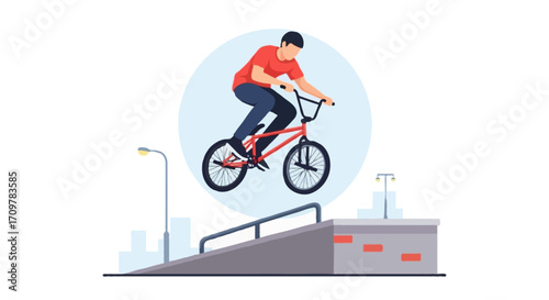 Flat vector illustration of faceless BMX rider doing a street trick with rail/ledge