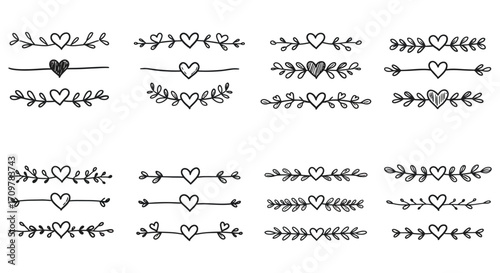 Collection of delicate hand drawn heart and floral divider elements