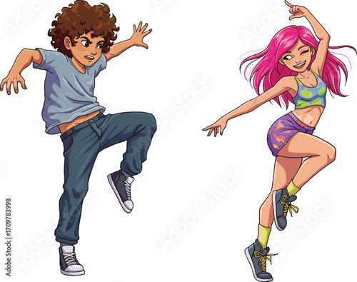 Young energetic boy and girl dancing together, urban street dance, casual clothes, vibrant colors, youthful, active lifestyle, fun moment.