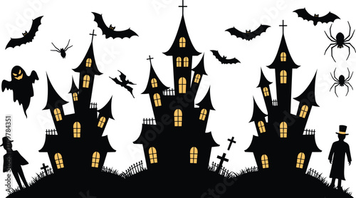 Halloween haunted house vector illustration with spooky ghosts, flying bats, creepy spiders, cobwebs, witch silhouette, graveyard crosses and scary night