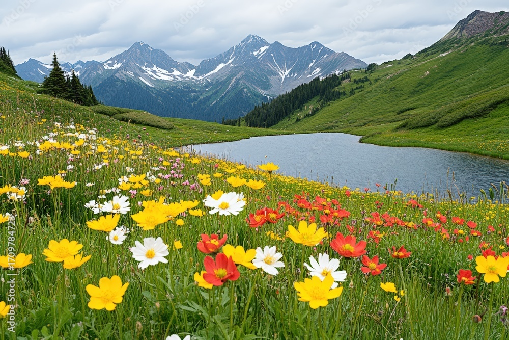 Fototapeta premium Breathtaking scenery of a tranquil alpine lake surrounded by colorful wildflowers and majestic snow capped mountains