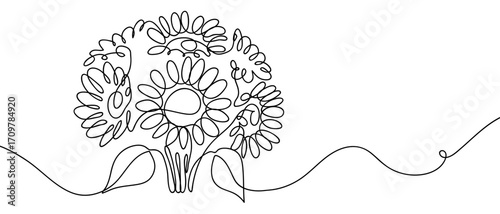Continuous line of sunflower bouquet. Simple art line. Doodle vector. Editable stroke.