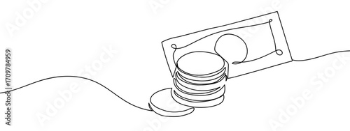 Continuous line of banknotes and stack of coins. Simple line art doodle vector. Editable stroke.