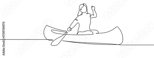 Continuous line of woman paddling a kayak. Simple line art doodle vector. Editable stroke.
