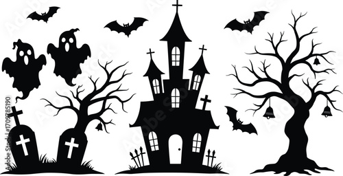 Halloween haunted house with flying bats, spooky ghosts, graveyard tombstones, eerie bare trees, hanging bells, and creepy night scene vector.