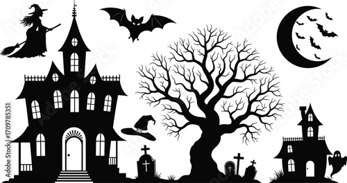 Halloween haunted house vector with flying witch, spooky tree, ghost, bats, crescent moon, tombstones, and witch hat silhouette design
