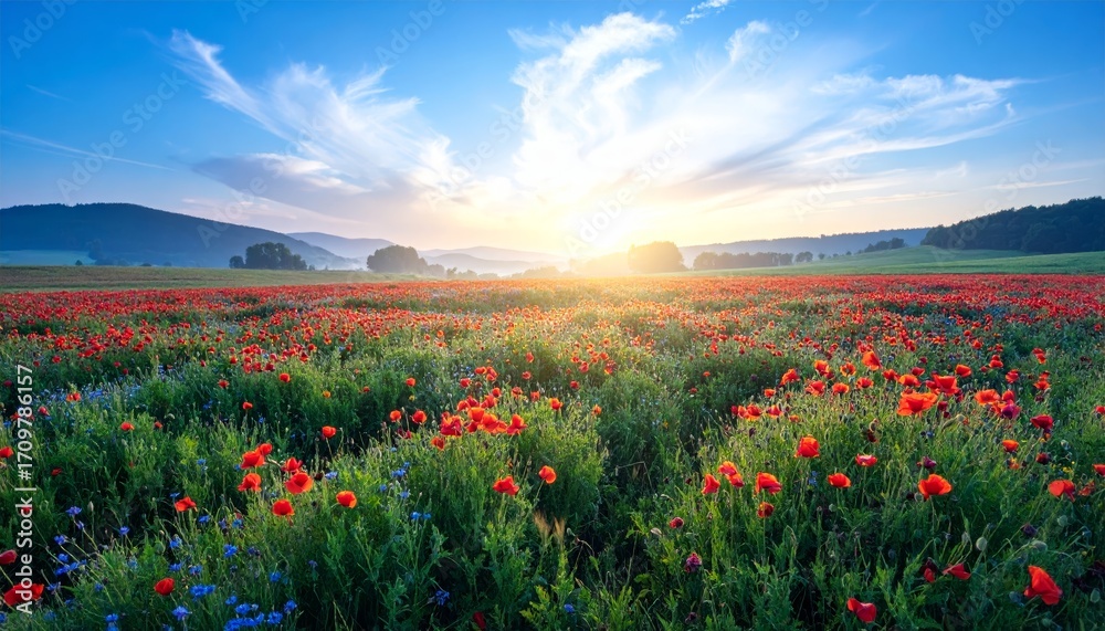 Fototapeta premium Vibrant Red Poppy Field at Sunset