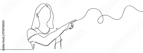 Continuous line of woman pointing finger forward. Simple line art doodle vector. Editable stroke.