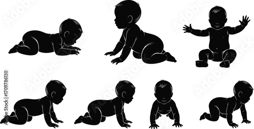 Black baby silhouette vector set showing crawling and sitting positions, infant movement stages, child development poses, isolated on white background