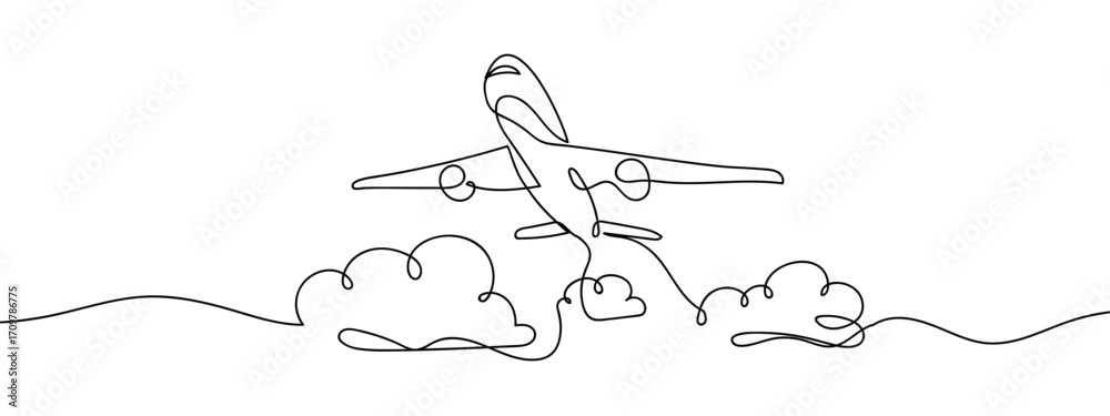 Obraz premium Continuous line of airplane flying among the clouds. Simple line art doodle vector. Editable stroke.