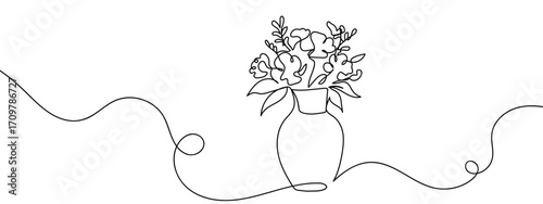 Continuous line of flower vase. Simple line art. Doodle vector. Editable stroke.
