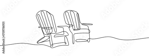 Continuous line of two chairs placed on the beach. Simple line art doodle vector. Editable stroke.