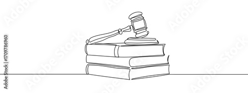 Continuous line of Judge's gavel placed on a pile of books. Simple line art doodle vector. Editable stroke.