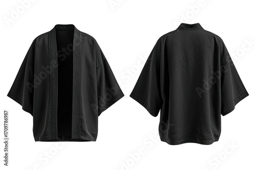 Front and back views of a dark gray kimono-style jacket