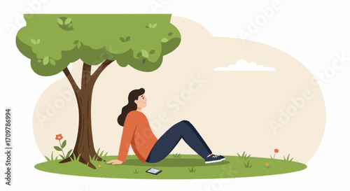Serene outdoor relaxation a young woman sits peacefully on green grass under a large tree, finding calm and mindfulness in nature's embrace