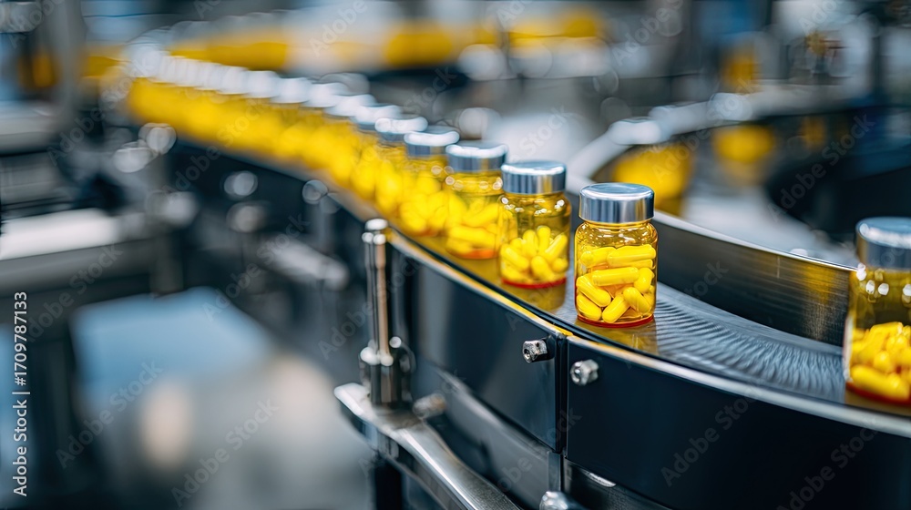 Naklejka premium Yellow capsules on conveyor belt in a pharmaceutical factory