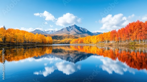 Stunning fall colors reflecting in a serene mountain lake, showcasing a picturesque autumn landscape filled with vibrant foliage and tranquil beauty