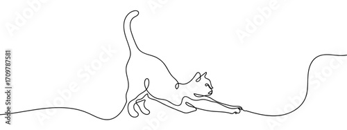 Continuous line of a cat stretching lazily. Simple line art doodle vector. Editable stroke.