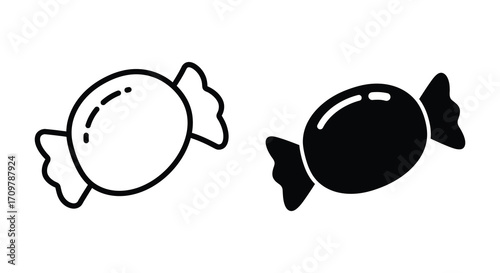 Two simple black and white illustrations of wrapped candies are shown