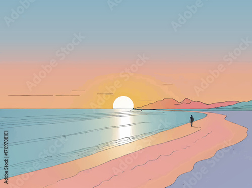 sunset on the beach with lonely person walking along sketch vector illustration