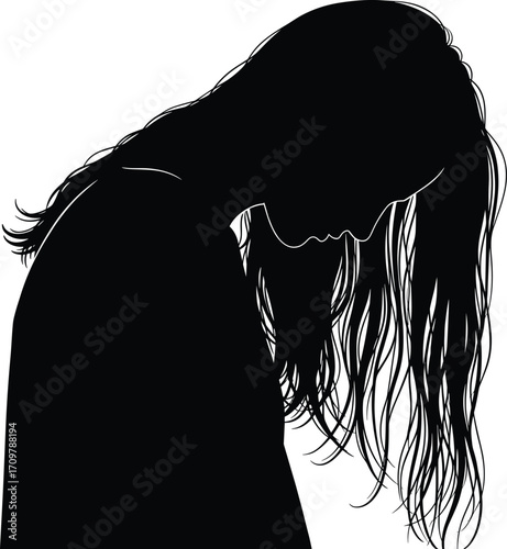 Black silhouette illustration of person with long wavy hair bowing head forward in profile, introspective posture, isolated on white background