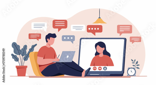 Man and woman engaged in a video call, working remotely with a laptop and speech bubbles