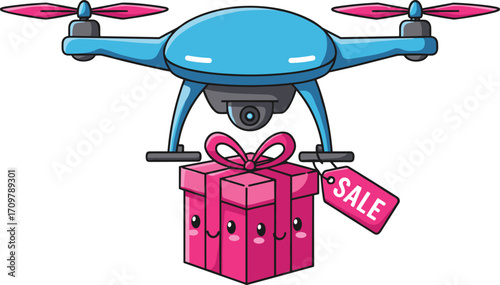 Cartoon delivery drone carrying a gift box with sale tag – futuristic shipping, retail promotion, express delivery, and online shopping.
