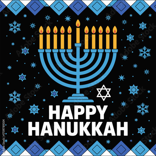 Happy Hanukkah night scene, glowing blue menorah, star pattern background, snowflake accents, modern luminous style, festive holiday vector