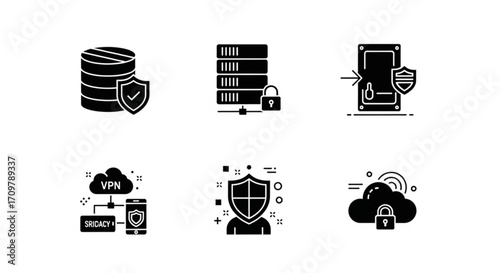 Illustrations of data security icons featuring database protection, vpn, and cloud security measures shown created with generated ai