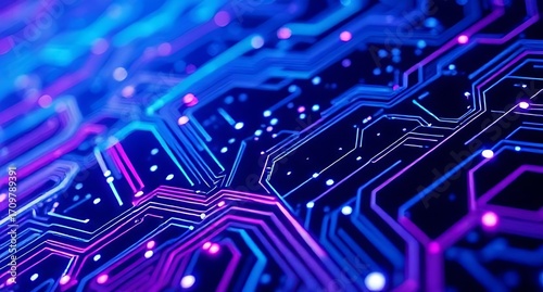 Futuristic Neon Circuit Board with Glowing Blue and Pink Data Pathways.