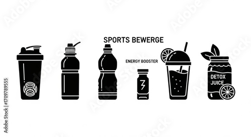 Illustration of sports beverages including a shaker bottle and detox juice in black and white style created with generated ai