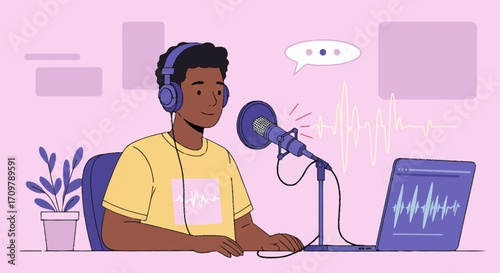 Engaging Young Man Recording Podcast or Live Broadcast at Home Studio, Creating Digital Audio Content for Online Audience and Listeners
