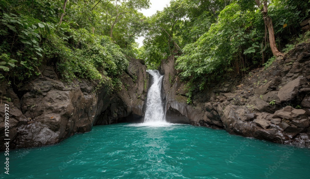 Fototapeta premium Lush waterfall cascading into a turquoise pool surrounded by dense jungle