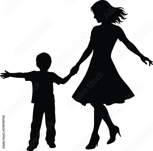 Black silhouette illustration of woman in dress holding hands with child, family connection, care and guidance concept, isolated on white background